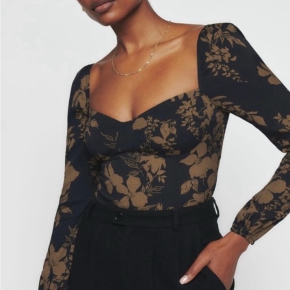 Reformation Black and Brown Floral Long-Sleeve Sweetheart Top